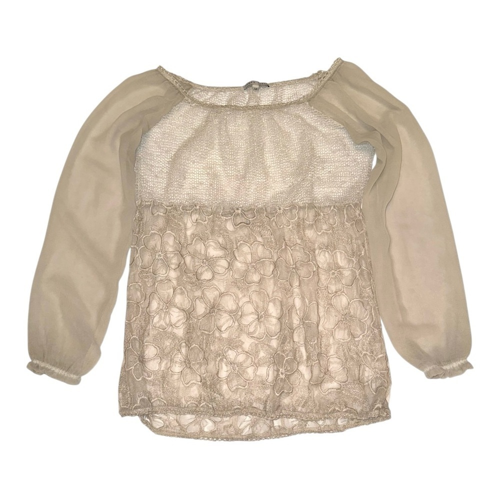 Tempo Paris Sheer Lace Floral Blouse Beige Gold Long Sleeve Romantic Top Medium